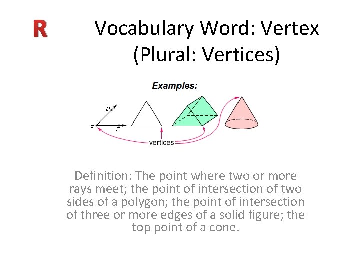 R Vocabulary Word: Vertex (Plural: Vertices) Definition: The point where two or more rays