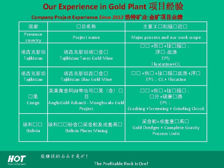 Our Experience in Gold Plant 项目经验 Company Project Experience Since 2012 浩特矿业-金矿项目业绩 国家 �目名称