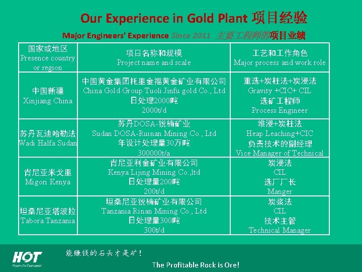 Our Experience in Gold Plant 项目经验 Major Engineers' Experience Since 2011 主要 程师的项目业绩 国家或地区