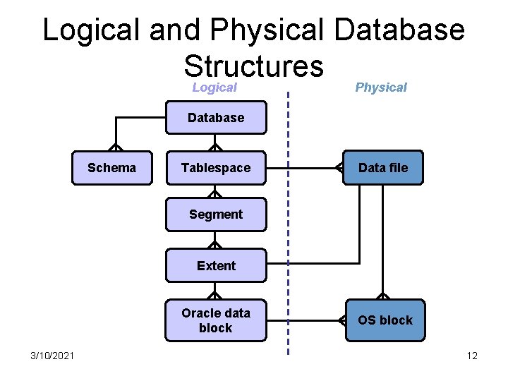 Logical and Physical Database Structures Logical Physical Database Schema Tablespace Data file Segment Extent