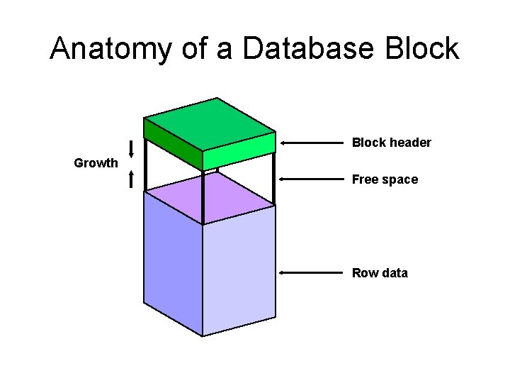 Anatomy of a Database Block header Growth Free space Row data 