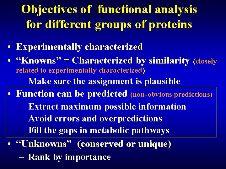 Objectives of functional analysis for different groups of proteins • Experimentally characterized • “Knowns”