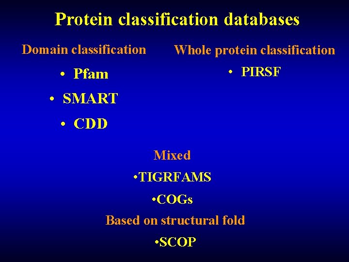 Protein classification databases Domain classification Whole protein classification • Pfam • PIRSF • SMART