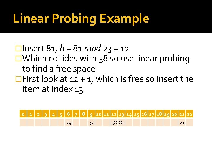 Linear Probing Example �Insert 81, h = 81 mod 23 = 12 �Which collides