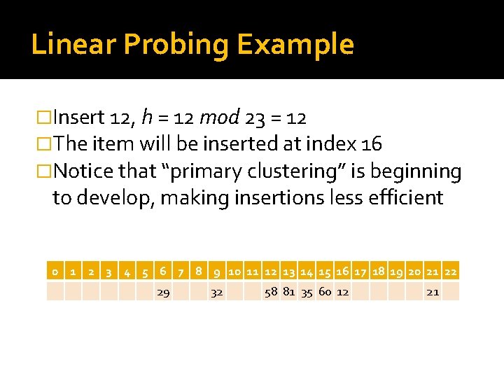 Linear Probing Example �Insert 12, h = 12 mod 23 = 12 �The item