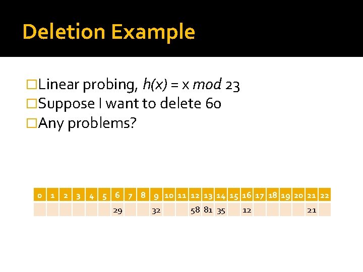 Deletion Example �Linear probing, h(x) = x mod 23 �Suppose I want to delete