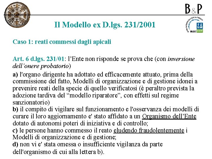 Il Modello ex D. lgs. 231/2001 Caso 1: reati commessi dagli apicali Art. 6