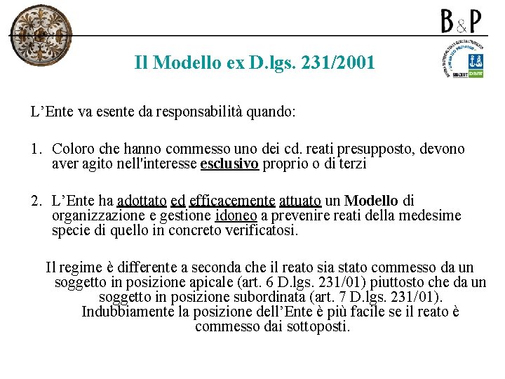 Il Modello ex D. lgs. 231/2001 L’Ente va esente da responsabilità quando: 1. Coloro