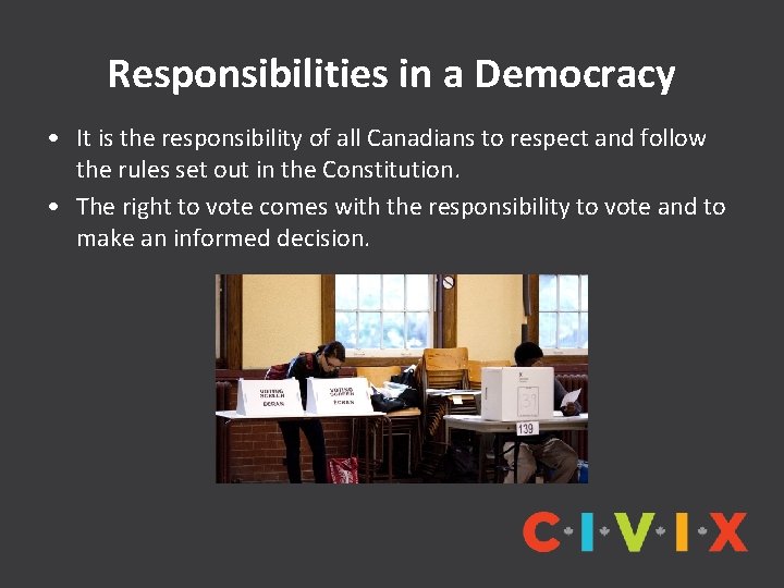 Responsibilities in a Democracy • It is the responsibility of all Canadians to respect