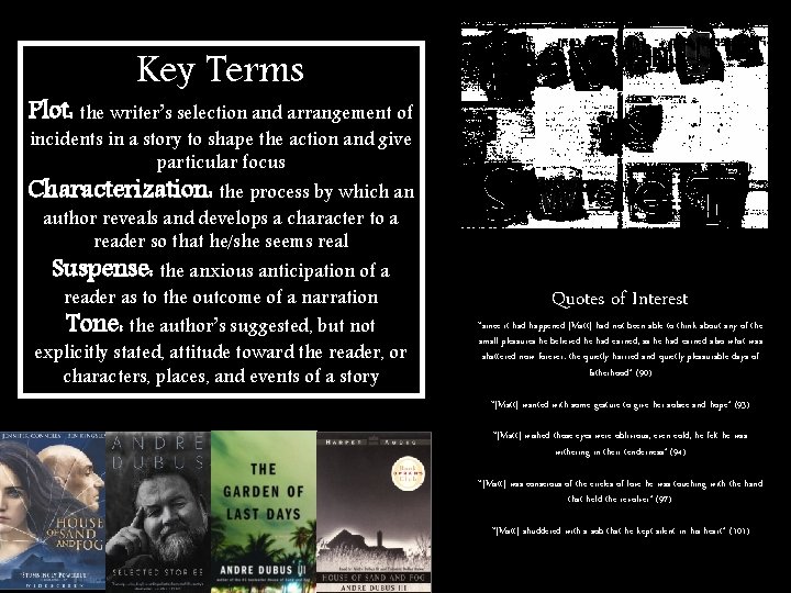 Key Terms Plot: the writer’s selection and arrangement of incidents in a story to