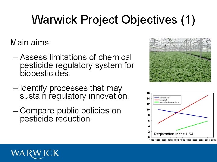 Warwick Project Objectives (1) Main aims: – Assess limitations of chemical pesticide regulatory system