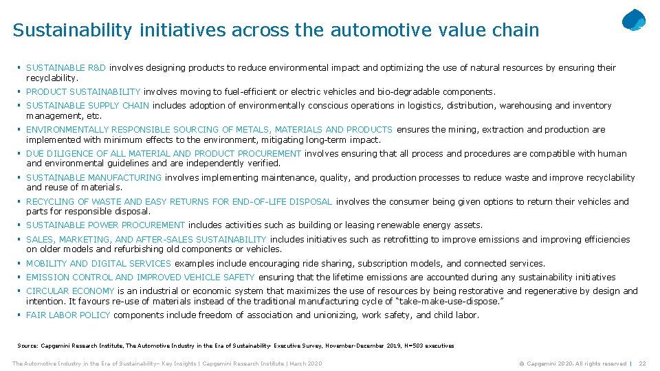 Sustainability initiatives across the automotive value chain § SUSTAINABLE R&D involves designing products to