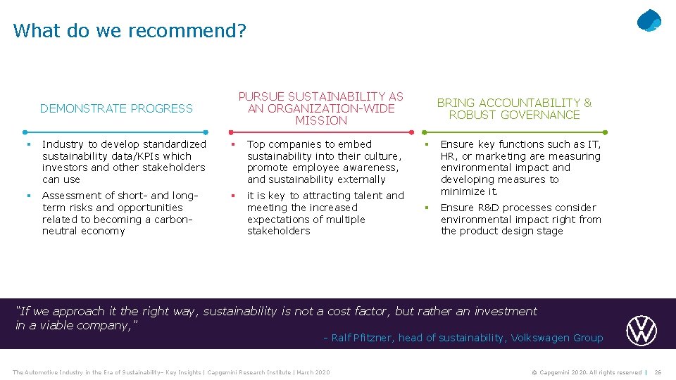 What do we recommend? PURSUE SUSTAINABILITY AS AN ORGANIZATION-WIDE MISSION DEMONSTRATE PROGRESS § Industry