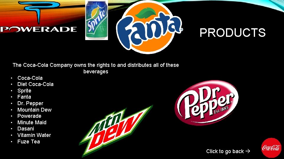 PRODUCTS The Coca-Cola Company owns the rights to and distributes all of these beverages