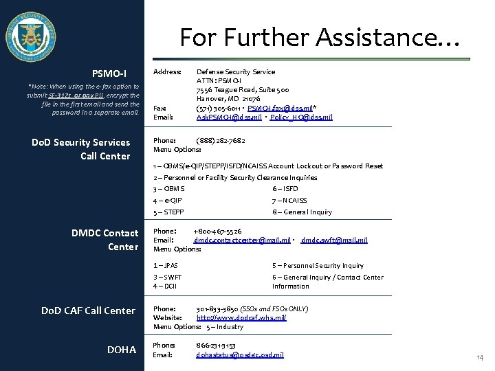 For Further Assistance… PSMO-I *Note: When using the e-fax option to submit SF-312 s For Further Assistance… PSMO-I *Note: When using the e-fax option to submit SF-312 s