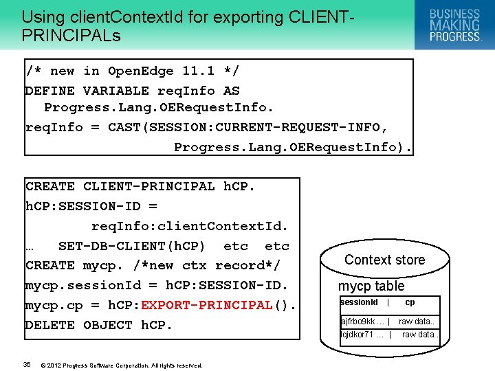 Using client. Context. Id for exporting CLIENTPRINCIPALs /* new in Open. Edge 11. 1