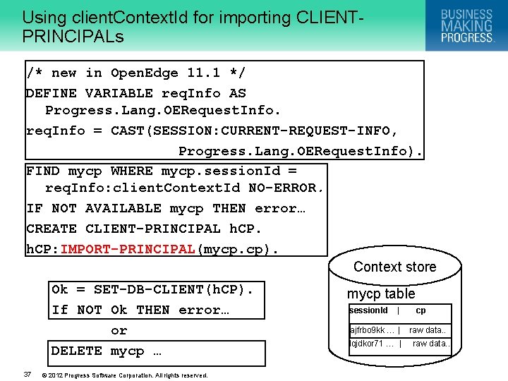 Using client. Context. Id for importing CLIENTPRINCIPALs /* new in Open. Edge 11. 1