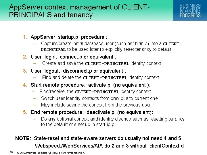 App. Server context management of CLIENTPRINCIPALS and tenancy 1. App. Server startup. p procedure