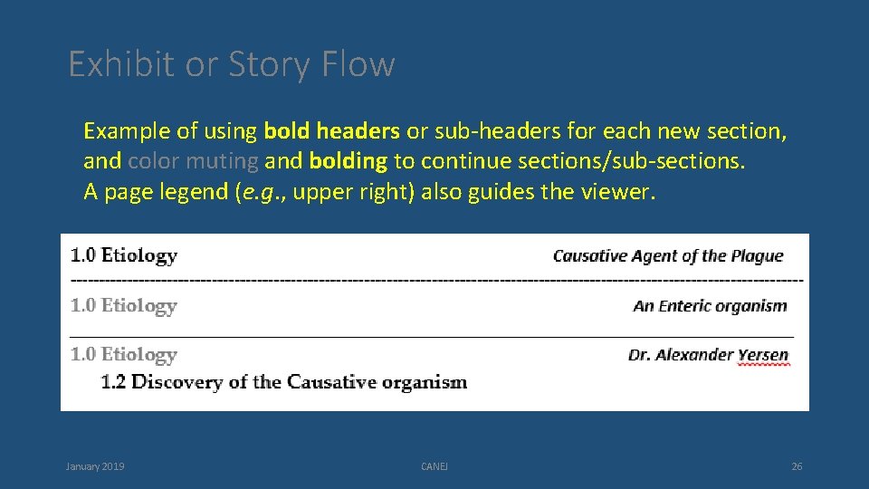 Exhibit or Story Flow Example of using bold headers or sub-headers for each new