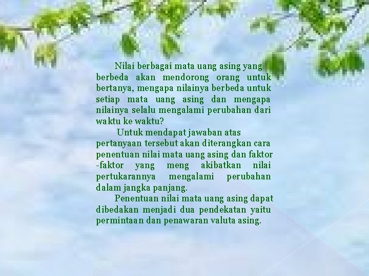 Nilai berbagai mata uang asing yang berbeda akan mendorong orang untuk bertanya, mengapa nilainya