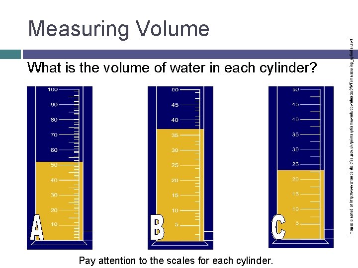 What is the volume of water in each cylinder? Pay attention to the scales