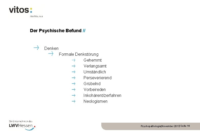 Der Psychische Befund // Denken Formale Denkstörung Gehemmt Verlangsamt Umständlich Perseverierend Grübelnd Vorbeireden Inkohärent/zerfahren