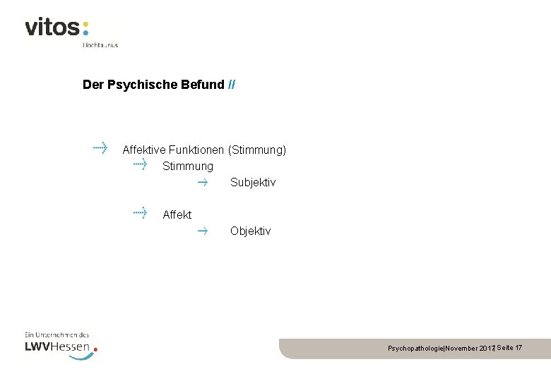 Der Psychische Befund // Affektive Funktionen (Stimmung) Stimmung Subjektiv Affekt Objektiv Psychopathologie|November 2017| Seite