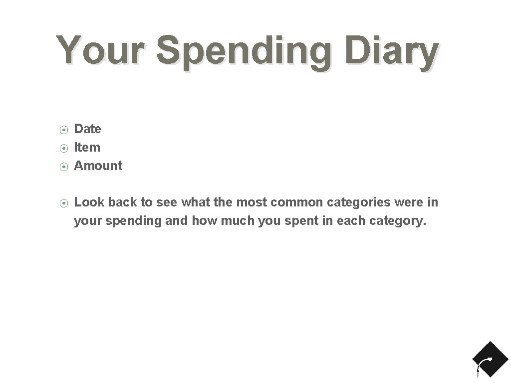 Your Spending Diary ⦿ ⦿ Date Item Amount Look back to see what the