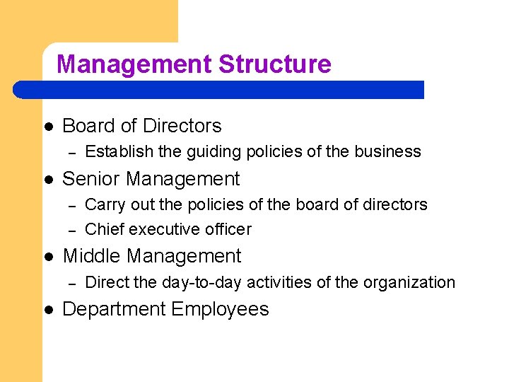 Management Structure l Board of Directors – l Senior Management – – l Carry