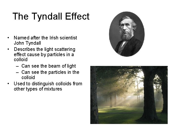 The Tyndall Effect • Named after the Irish scientist John Tyndall • Describes the