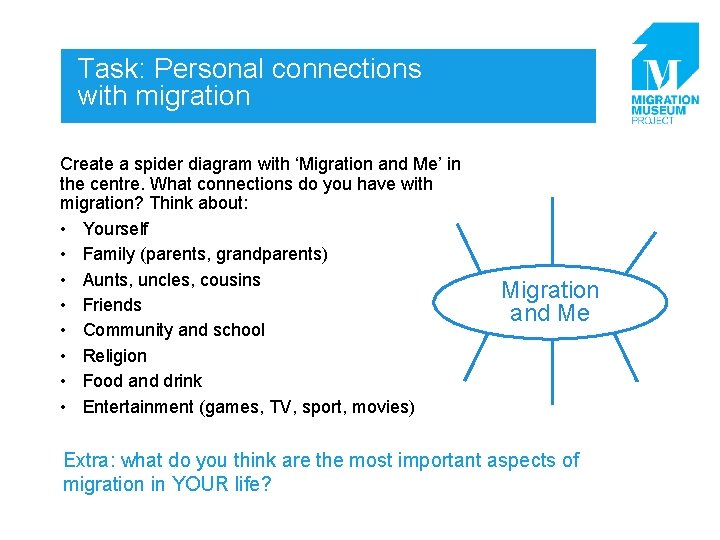 Task: Personal connections with migration Create a spider diagram with ‘Migration and Me’ in