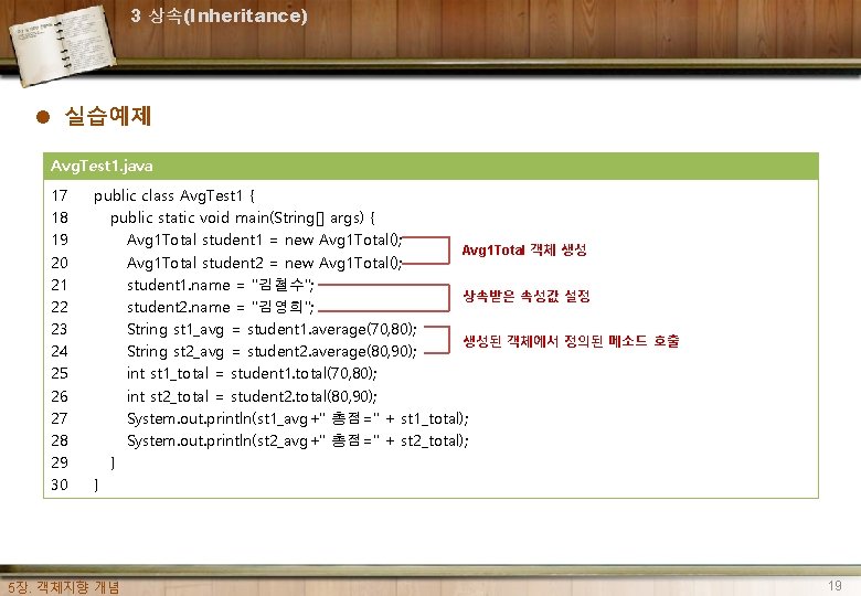 3 상속(Inheritance) l 실습예제 Avg. Test 1. java 17 18 19 20 21 22