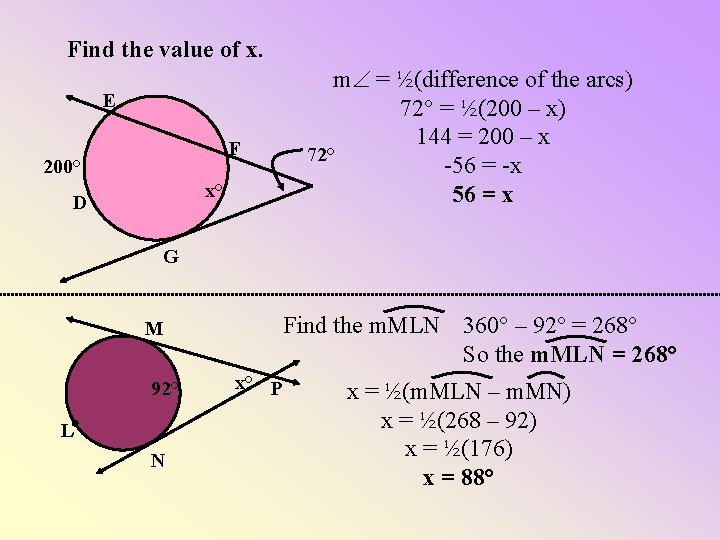 Find the value of x. m = ½(difference of the arcs) 72° = ½(200