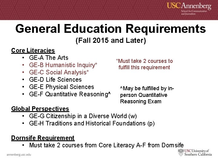 General Education Requirements (Fall 2015 and Later) Core Literacies • GE-A The Arts *Must