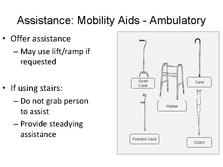 Assistance: Mobility Aids - Ambulatory • Offer assistance – May use lift/ramp if requested