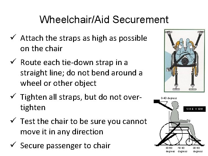 Wheelchair/Aid Securement ü Attach the straps as high as possible on the chair ü