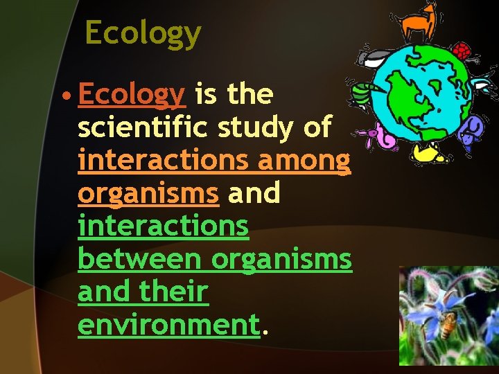 Ecology • Ecology is the scientific study of interactions among organisms and interactions between