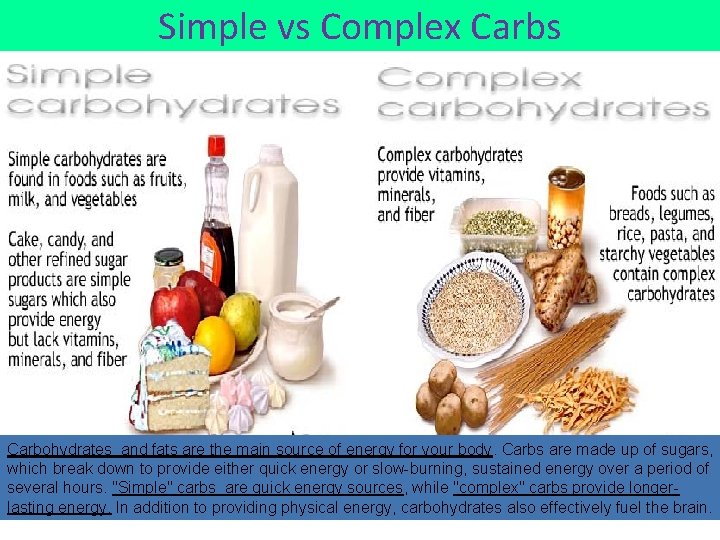 Simple vs Complex Carbs Carbohydrates and fats are the main source of energy for
