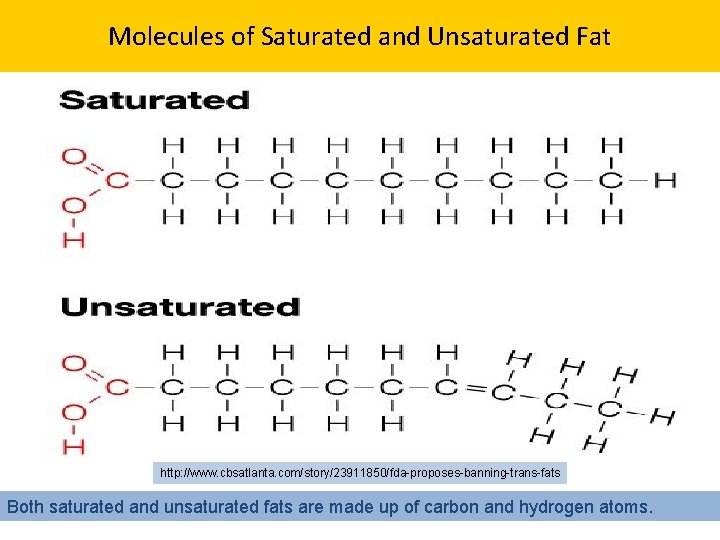 Molecules of Saturated and Unsaturated Fat http: //www. cbsatlanta. com/story/23911850/fda-proposes-banning-trans-fats Both saturated and unsaturated