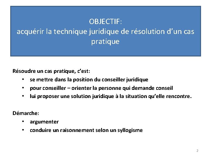 OBJECTIF: acquérir la technique juridique de résolution d’un cas pratique Résoudre un cas pratique, OBJECTIF: acquérir la technique juridique de résolution d’un cas pratique Résoudre un cas pratique,