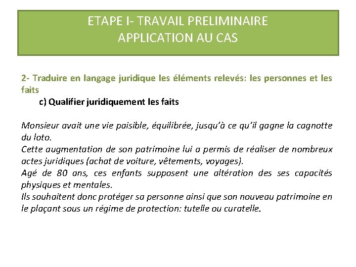 ETAPE I- TRAVAIL PRELIMINAIRE APPLICATION AU CAS 2 - Traduire en langage juridique les ETAPE I- TRAVAIL PRELIMINAIRE APPLICATION AU CAS 2 - Traduire en langage juridique les