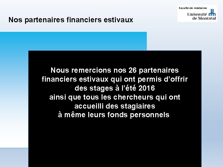 Nos partenaires financiers estivaux Nous remercions nos 26 partenaires financiers estivaux qui ont permis