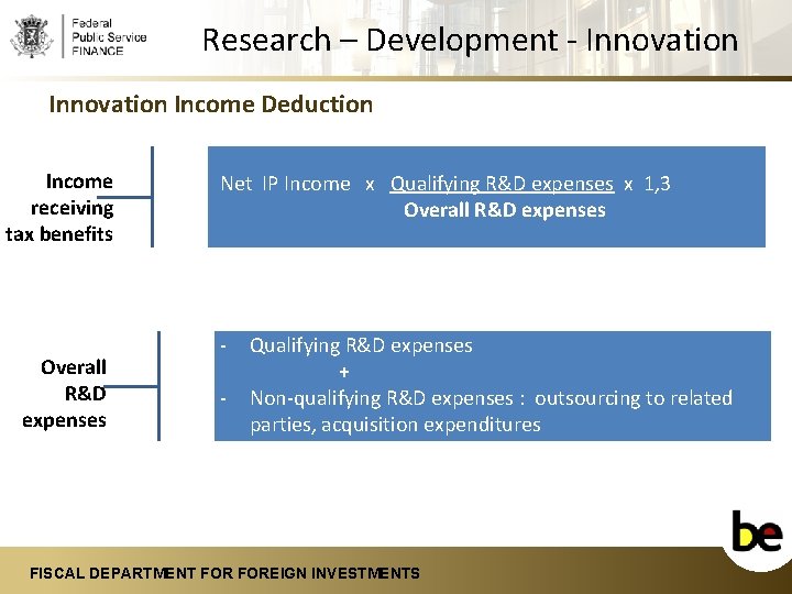 Research – Development - Innovation Income Deduction Income receiving tax benefits Overall R&D expenses