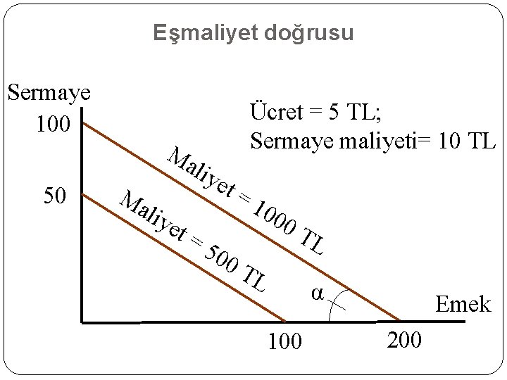 Eşmaliyet doğrusu Sermaye 100 Ücret = 5 TL; Sermaye maliyeti= 10 TL Ma 50