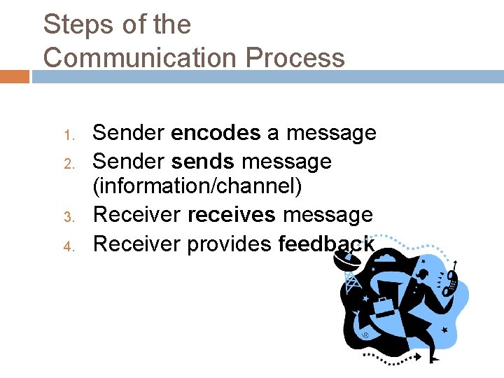 Steps of the Communication Process 1. 2. 3. 4. Sender encodes a message Sender