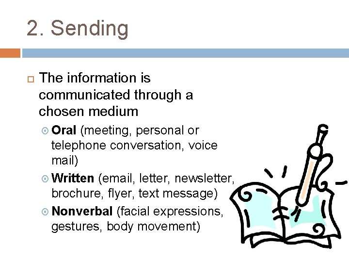 2. Sending The information is communicated through a chosen medium Oral (meeting, personal or