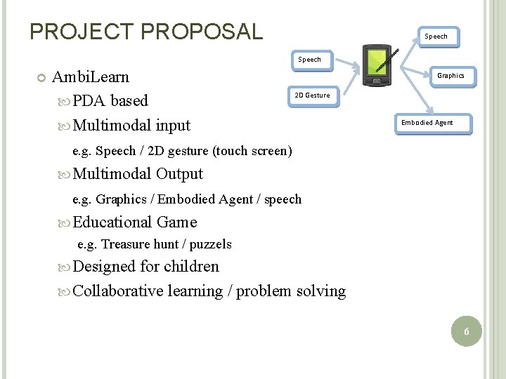 PROJECT PROPOSAL Speech Ambi. Learn PDA based Multimodal input Graphics 2 D Gesture Embodied