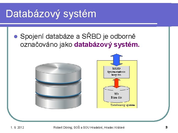 Databázový systém l Spojení databáze a SŘBD je odborně označováno jako databázový systém. 1.