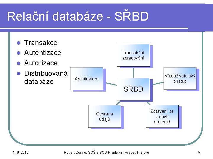 Relační databáze - SŘBD Transakce l Autentizace l Autorizace l Distribuovaná databáze l Transakční