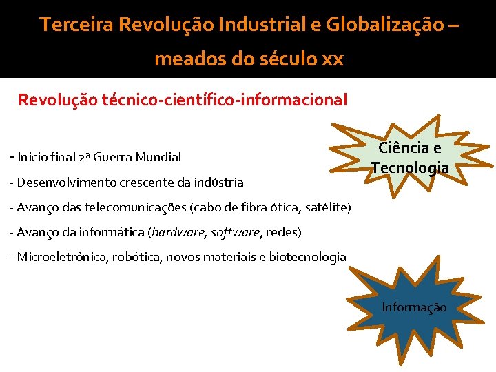 Terceira Revolução Industrial e Globalização – meados do século xx Revolução técnico-científico-informacional - Início